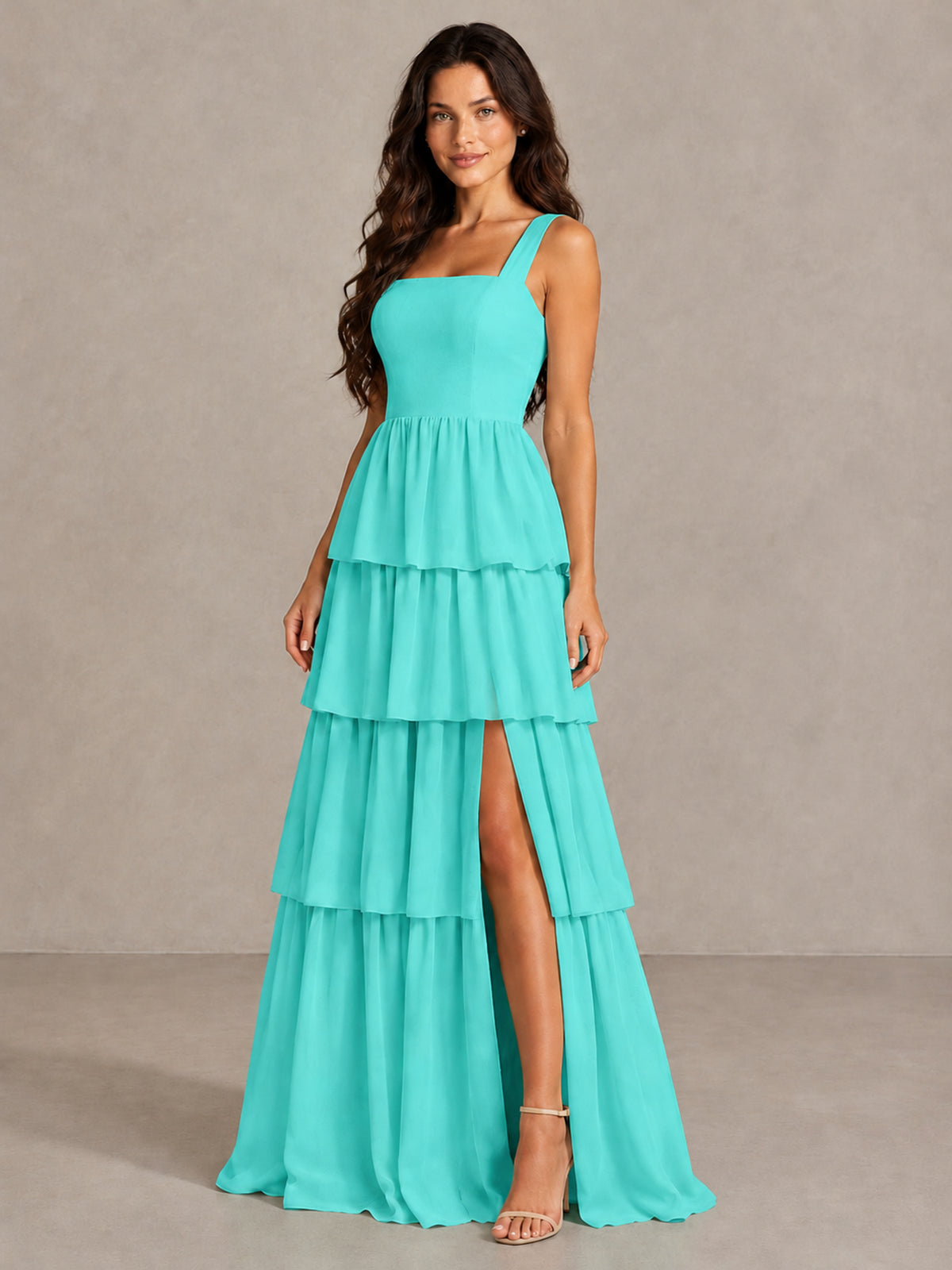 BOLODOO Turquoise Square Neck Tiered Bridesmaid Dress with Slit - Turquoise - Turquoise (3)