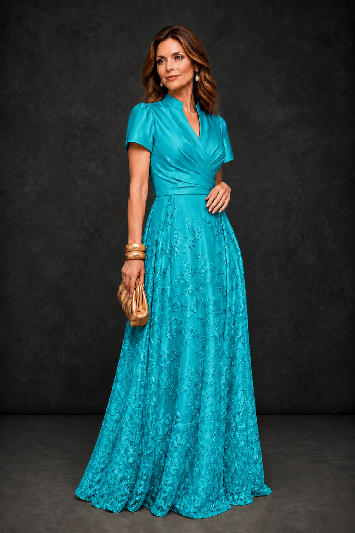 BOLODOO Turquoise Satin Wrap V-Neck Short Sleeve Lace Glitter A-Line Floor Length Evening Gown – Formal Dress - Turquoise - Turquoise (3)