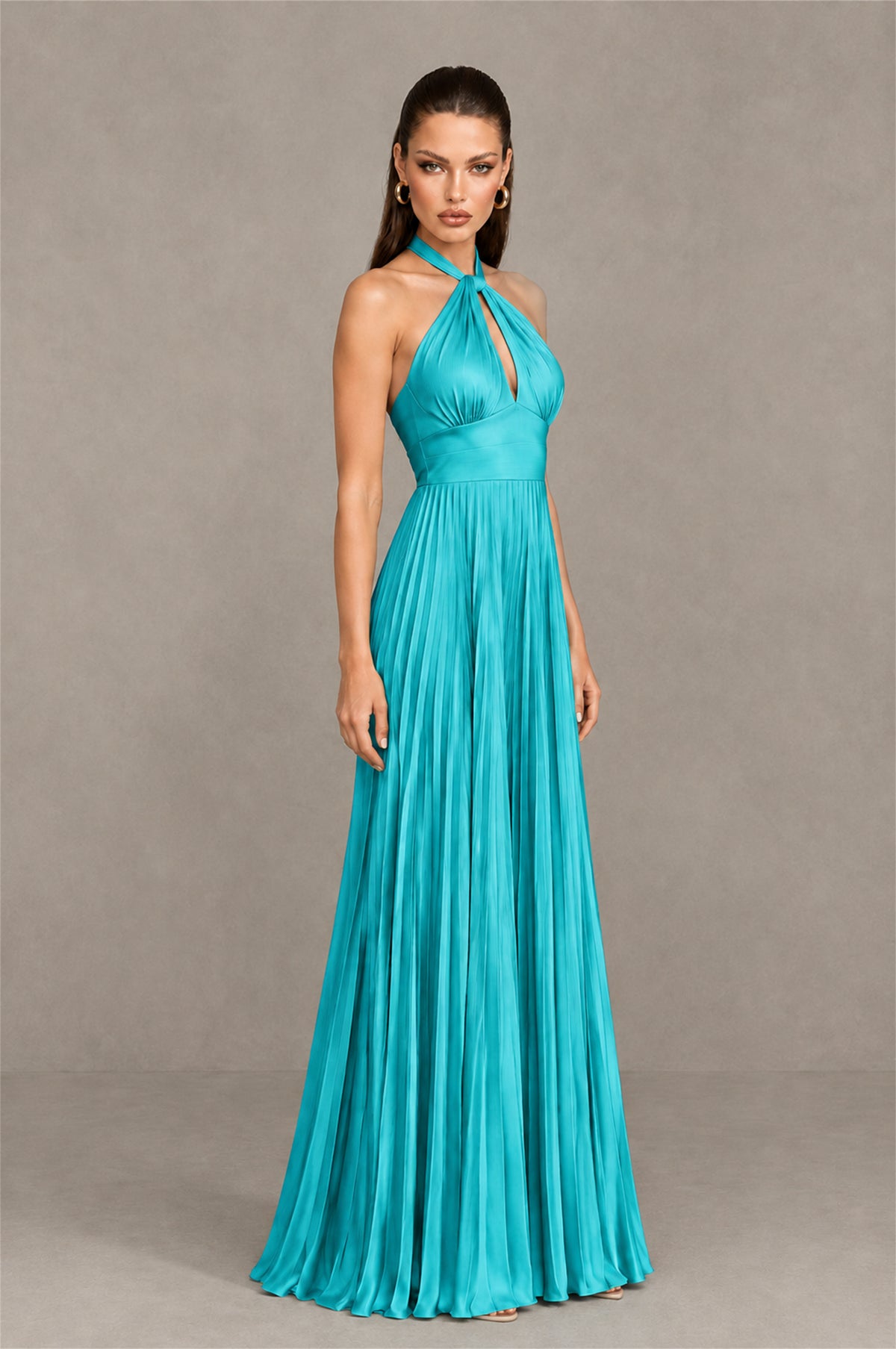 BOLODOO Turquoise Halter Pleated A-Line Evening Dress - Turquoise - Turquoise (3)
