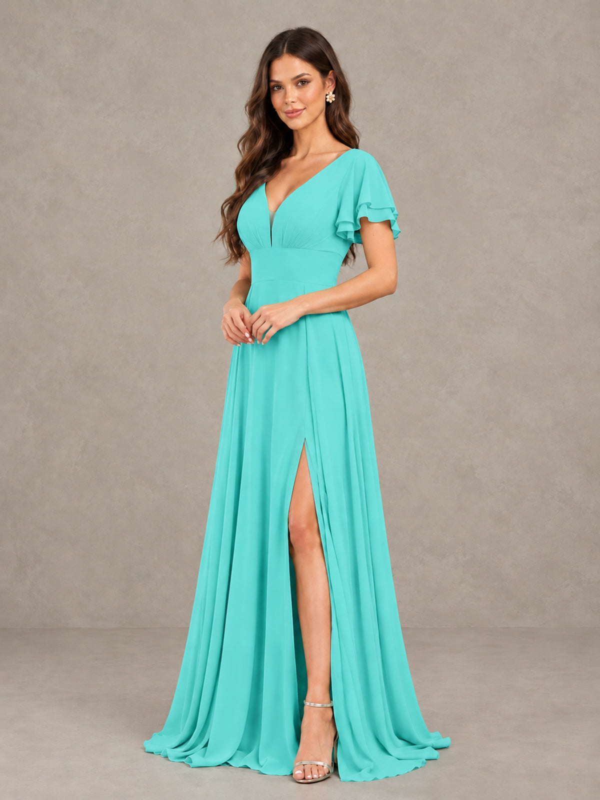 BOLODOO Turquoise Flutter Sleeve Chiffon A-Line Maxi Bridesmaid Dress with Open Back & Slit - Turquoise - Turquoise (3)