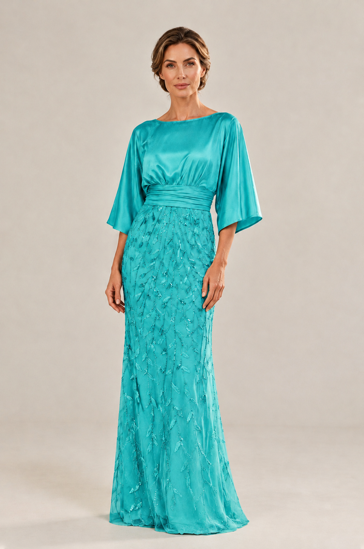 BOLODOO Turquoise Mother of the Bride Dress with Kimono Sleeves, Satin Bodice & Sequin Embroidered Mermaid Floor-Length Gown - Turquoise - Turquoise (3)