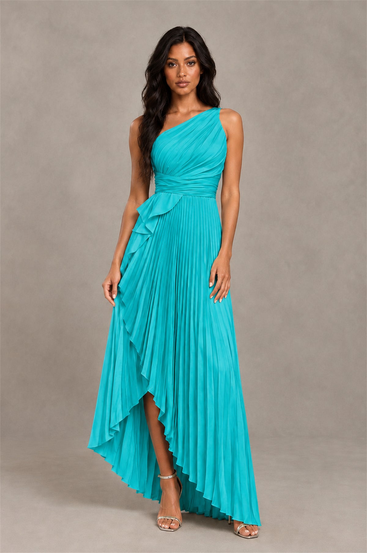 BOLODOO Turquoise One-Shoulder High-Low Ruffle Maxi Dress - Turquoise