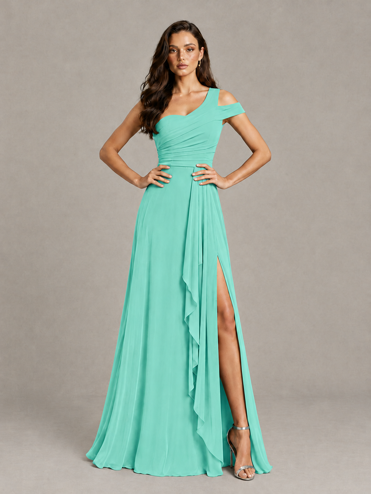 BOLODOO Turquoise One-Shoulder Bridesmaid Dress with Side Slit - Turquoise - Turquoise (4)