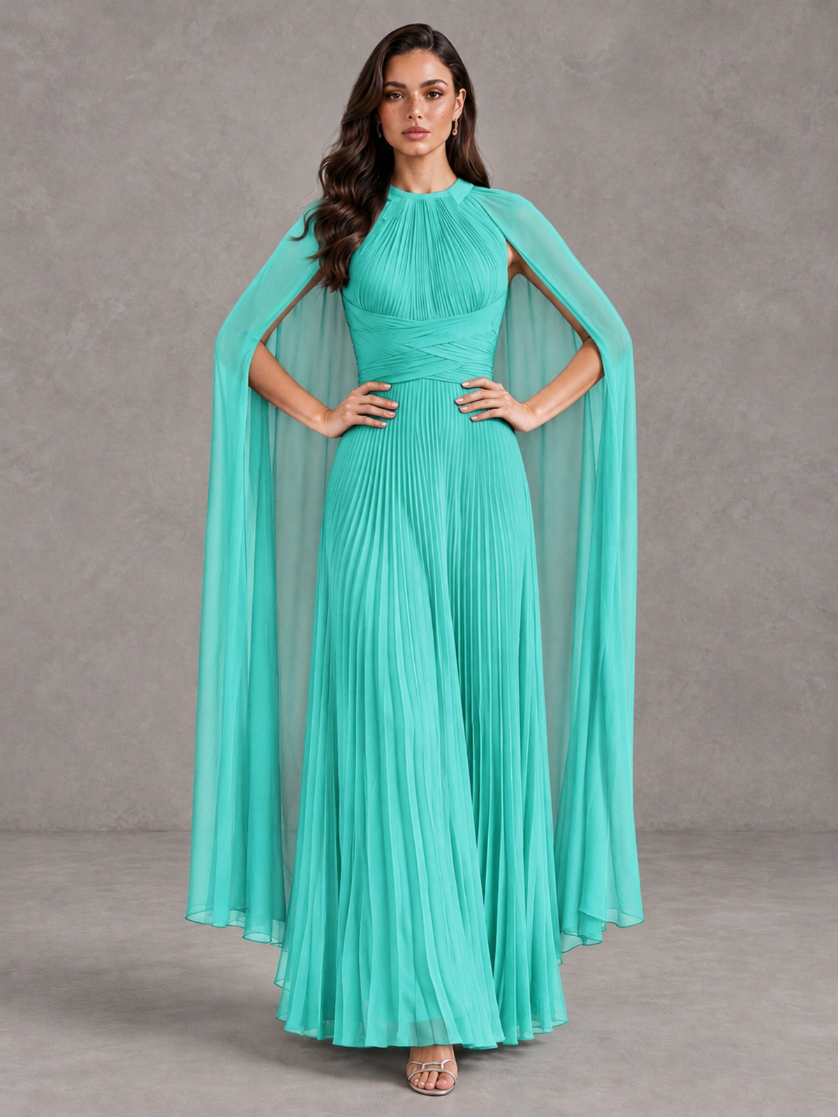 BOLODOO Turquoise Pleated Cape Maxi Wedding Guest Dress - Turquoise - Turquoise (4)