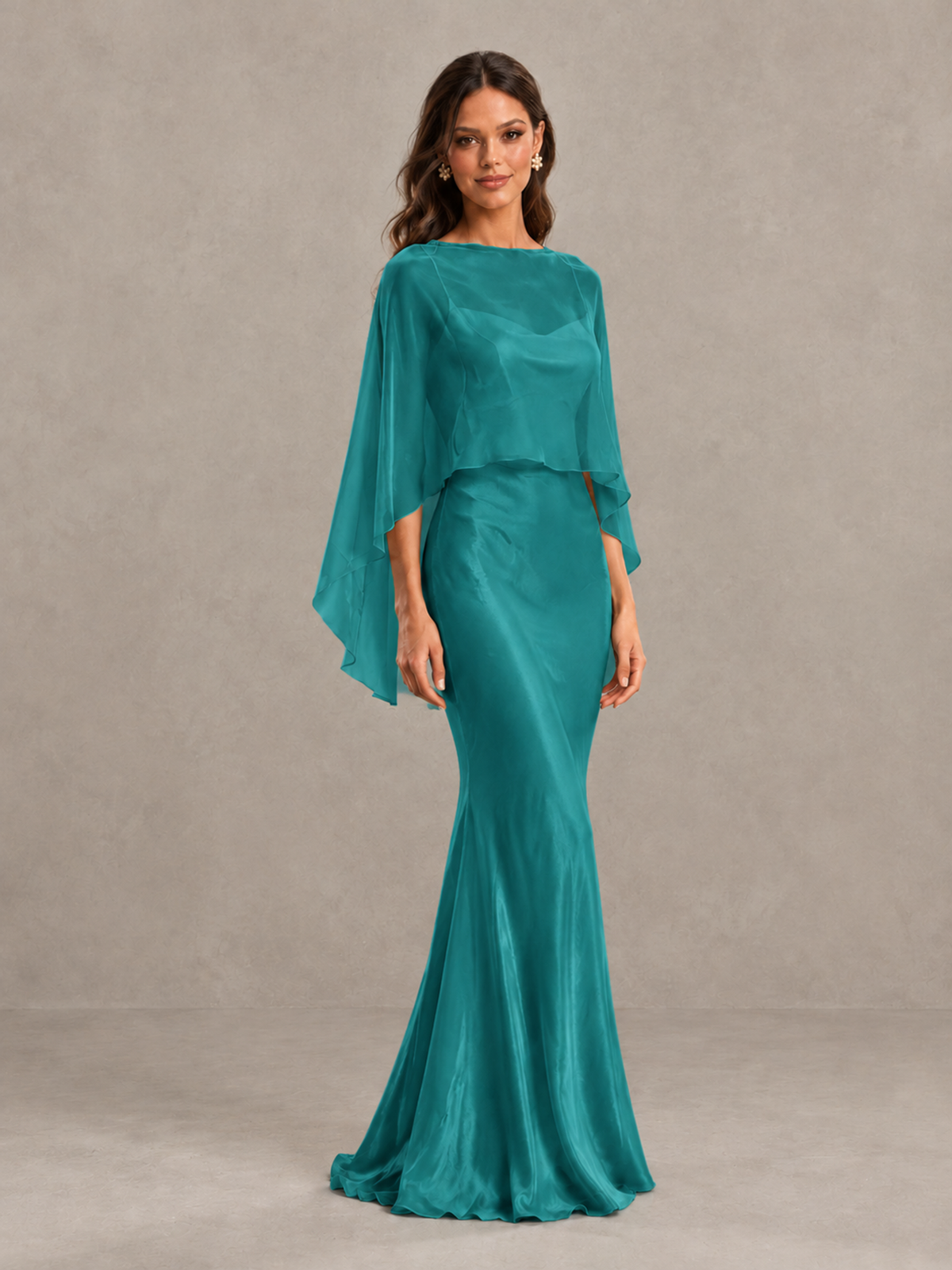 BOLODOO Turquoise Satin Mermaid Bridesmaid Dress with Chiffon Cape - Turquoise - Turquoise (4)