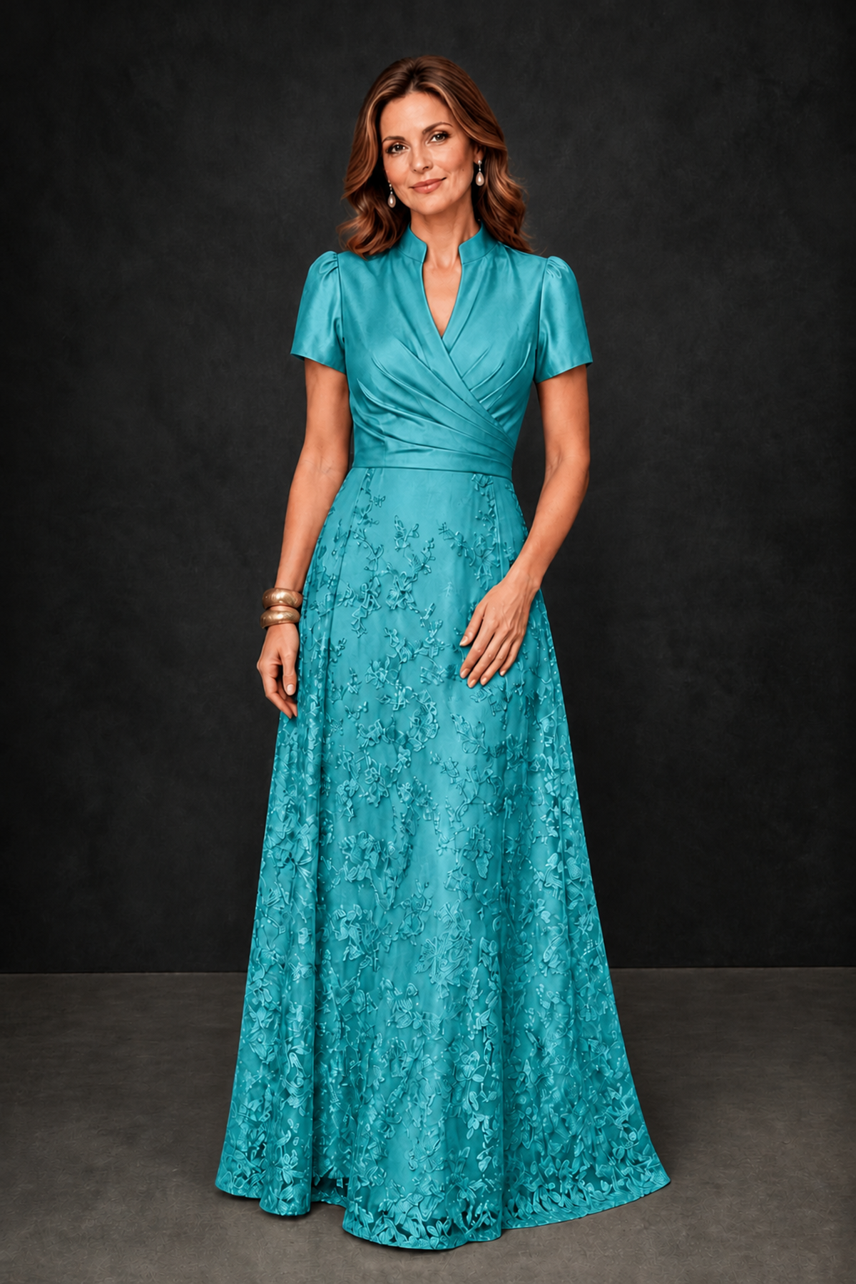 BOLODOO Turquoise Satin Wrap V-Neck Short Sleeve Lace Glitter A-Line Floor Length Evening Gown – Formal Dress - Turquoise - Turquoise (4)