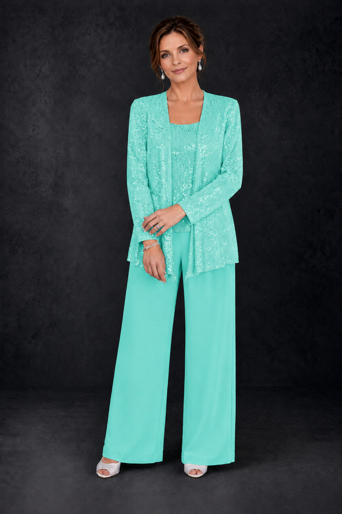 BOLODOO Turquoise Sequin Lace 3-Piece Pant Suit with Long Sleeve Jacket - Turquoise - Turquoise (4)