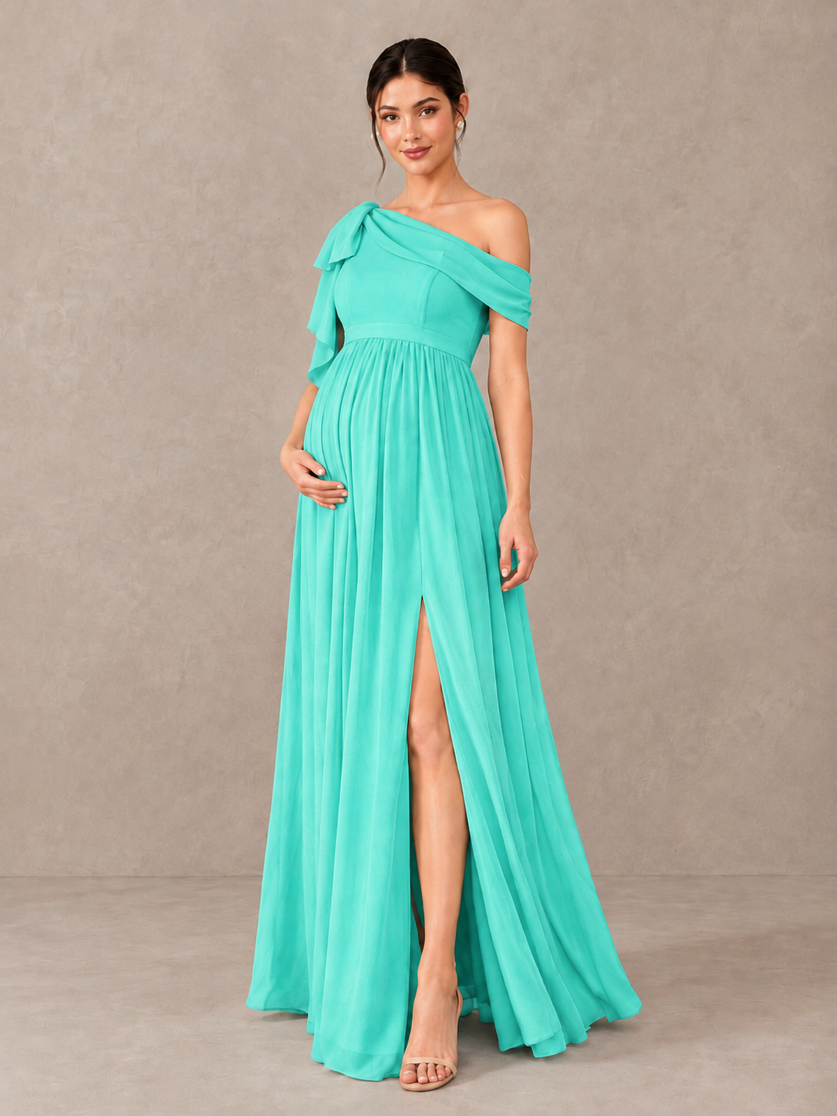 BOLODOO Turquoise One-Shoulder Maternity Bridesmaid Dress with Slit - Turquoise - Turquoise (4)
