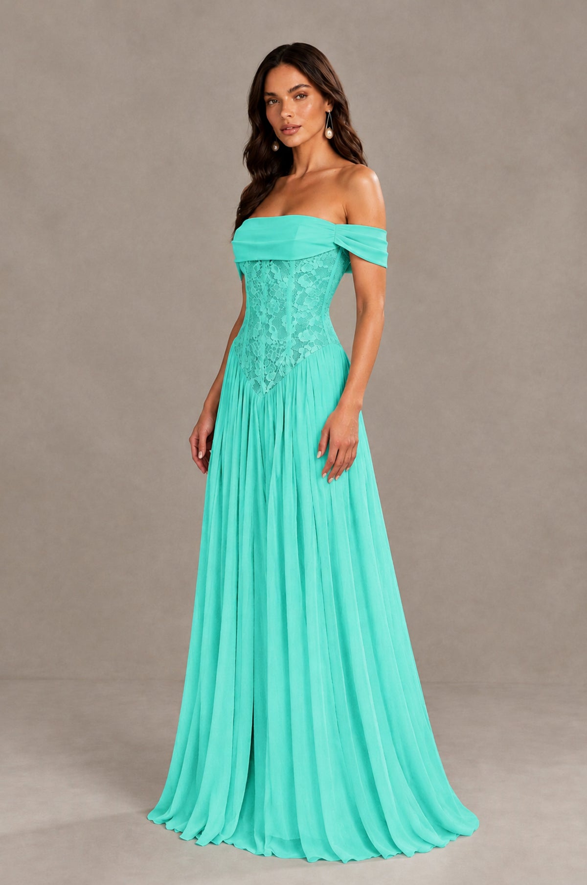 BOLODOO Turquoise Off-Shoulder Lace Corset Tulle Maxi Dress - Turquoise - Turquoise (4)