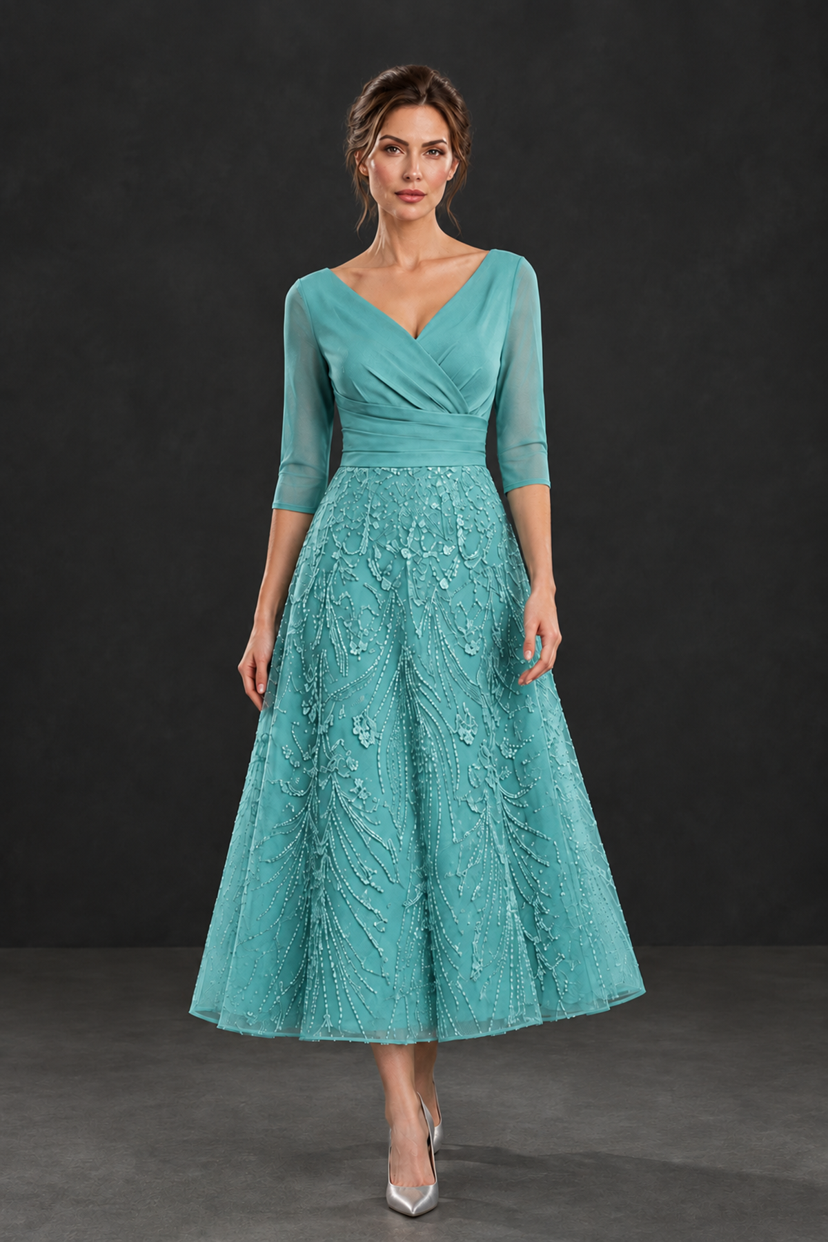 BOLODOO Turquoise V-Neck Tea-Length Lace Mother of the Bride Dress - Turquoise