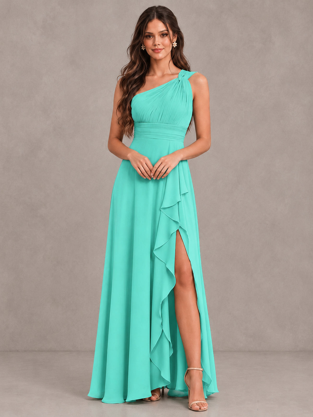 BOLODOO Turquoise One-Shoulder Ruffle Bridesmaid Dress with Slit - Turquoise - Turquoise (4)