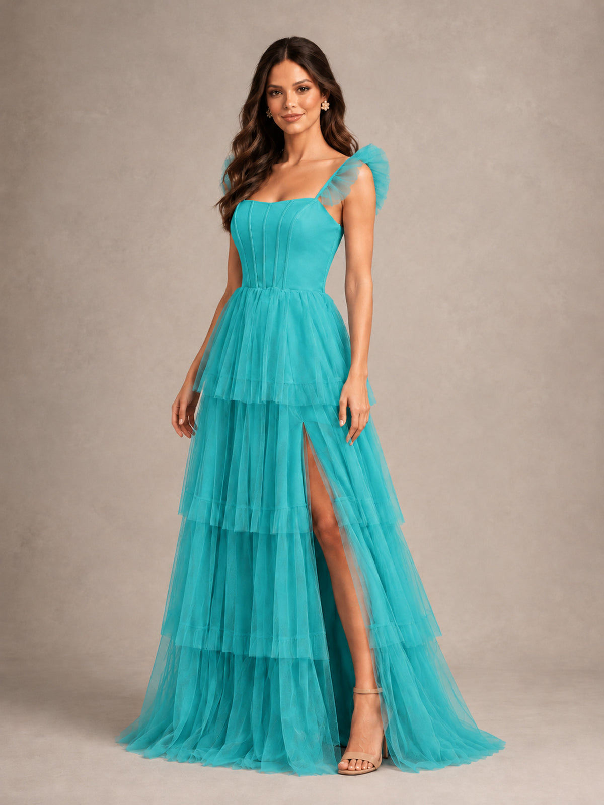 BOLODOO Turquoise Tiered Tulle Bridesmaid Dress with Slit - Turquoise - Turquoise (4)