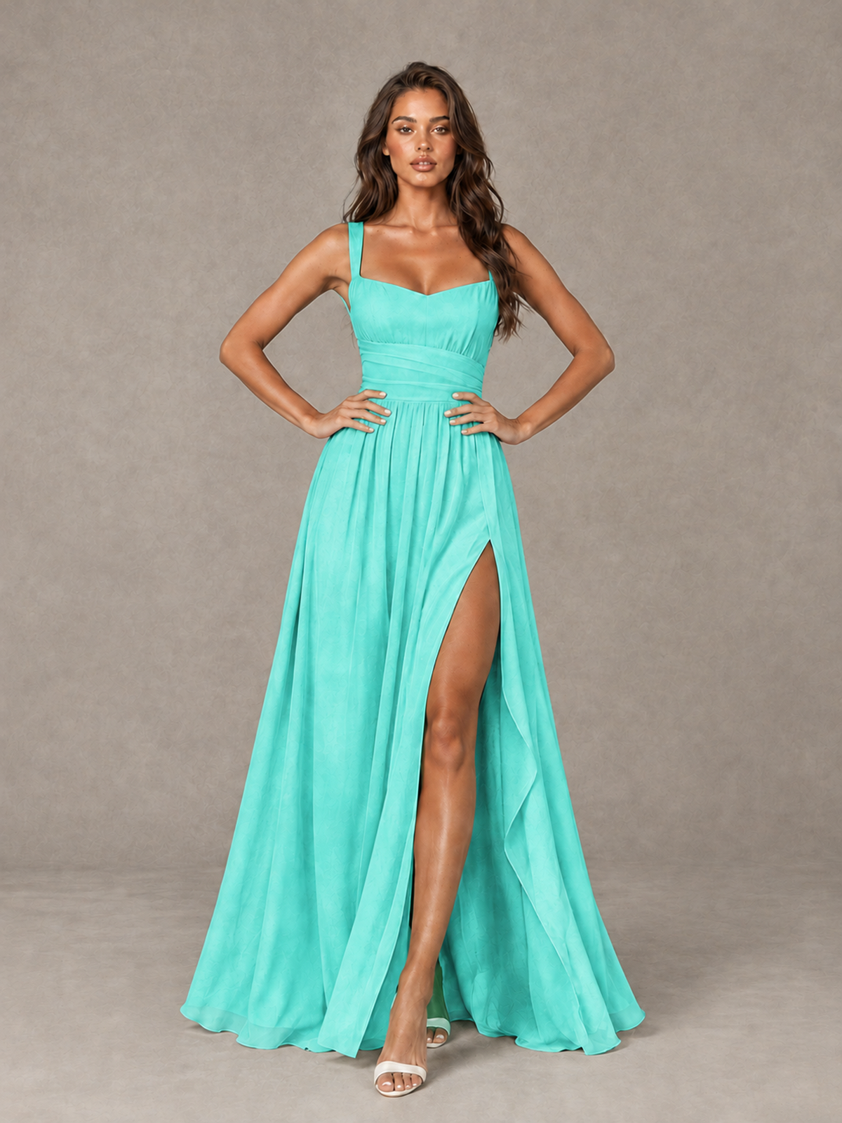 BOLODOO Turquoise A-Line Bridesmaid Dress with High Slit & Lace-Up Back - Turquoise - Turquoise (4)
