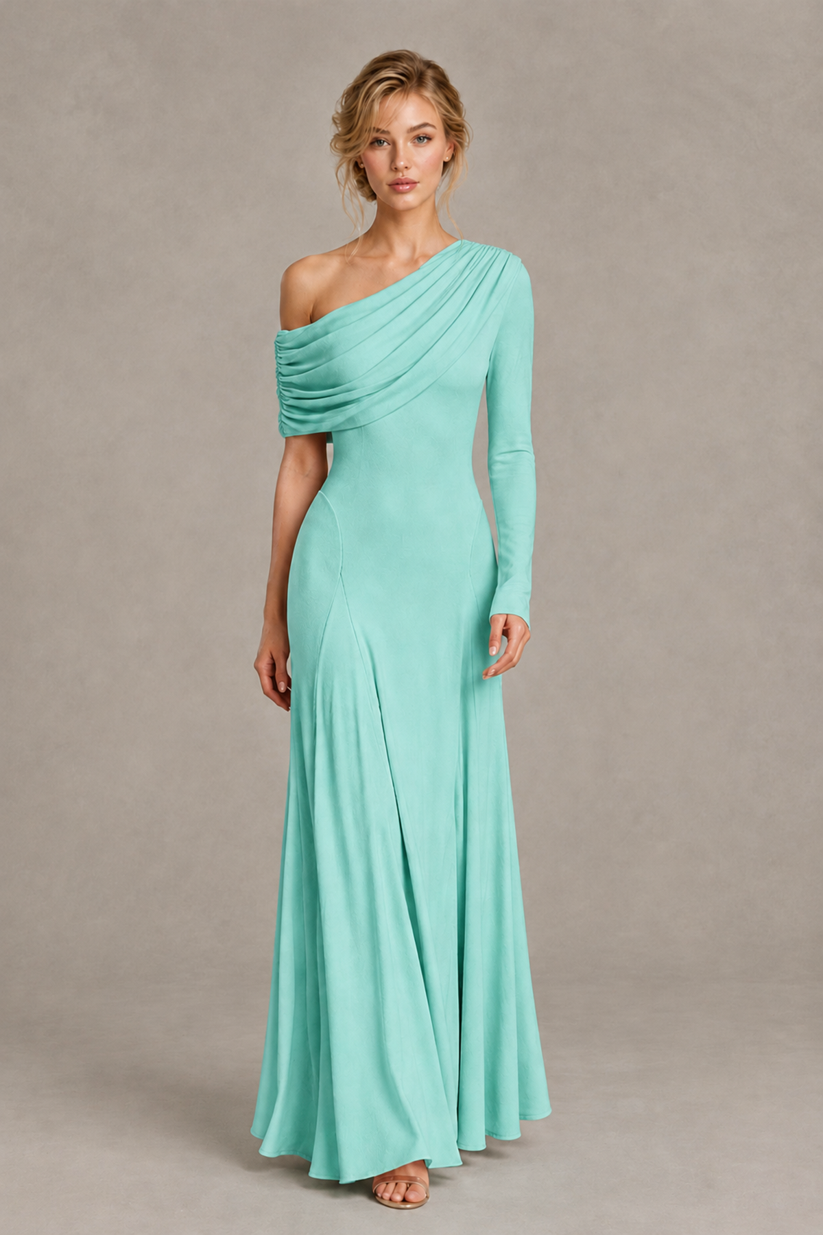 BOLODOO Turquoise Asymmetric Draped Long Sleeve Evening Gown - Turquoise