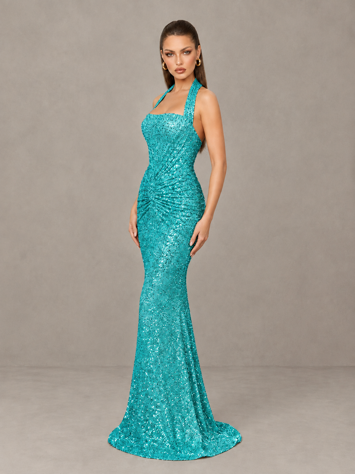 BOLODOO Turquoise Sequin Halter Mermaid Evening Gown - Turquoise - Turquoise (4)