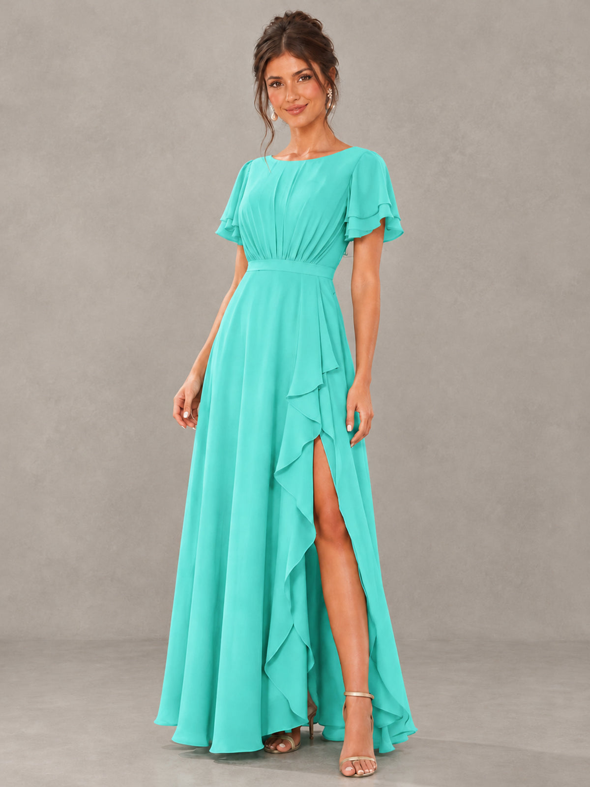 BOLODOO Turquoise Flutter Sleeve Ruffle Bridesmaid Dress with Slit - Turquoise - Turquoise (4)