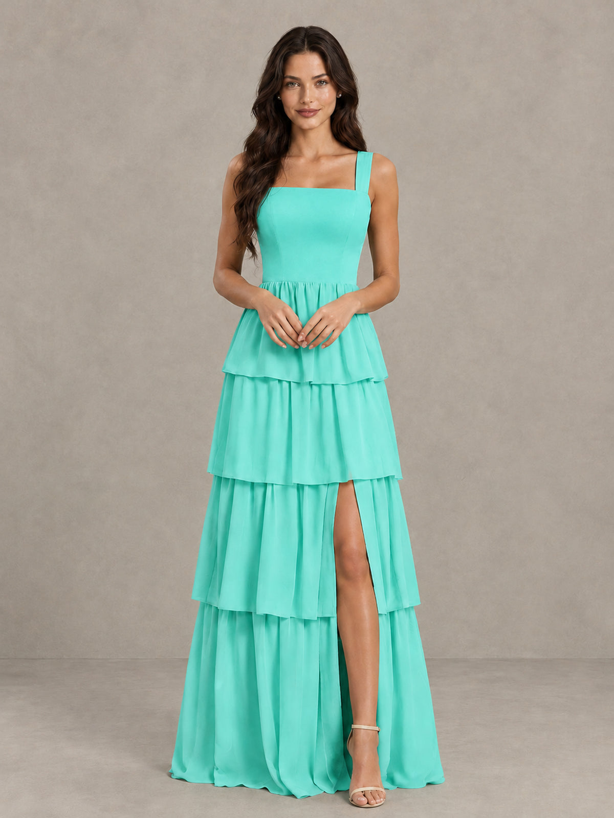 BOLODOO Turquoise Square Neck Tiered Bridesmaid Dress with Slit - Turquoise - Turquoise (4)