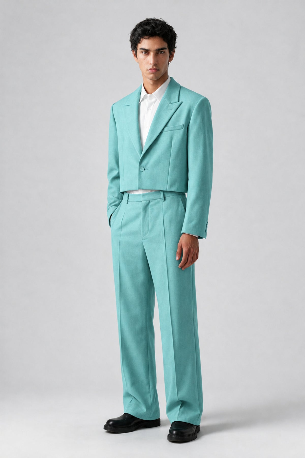 Bolodoo Men's Turquoise Cropped Blazer & Wide-Leg Trousers 2-Piece Suit - Turquoise - Turquoise (4)