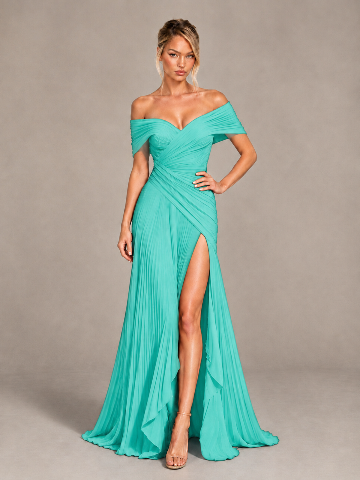 BOLODOO Turquoise Off-Shoulder Ruched Pleated Maxi Dress with High Slit - Turquoise - Turquoise (4)