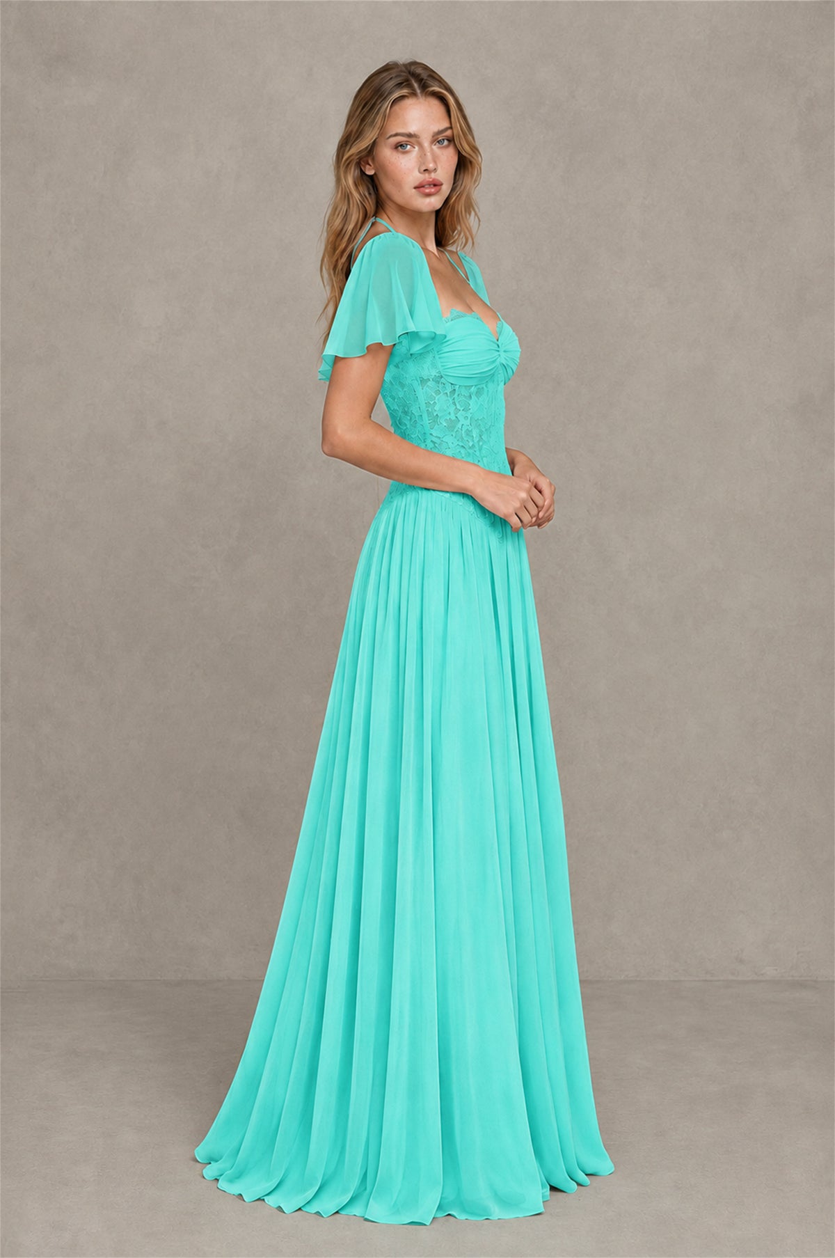 BOLODOO Turquoise Flutter Sleeve Lace Corset A-Line Maxi Dress - Turquoise - Turquoise (4)