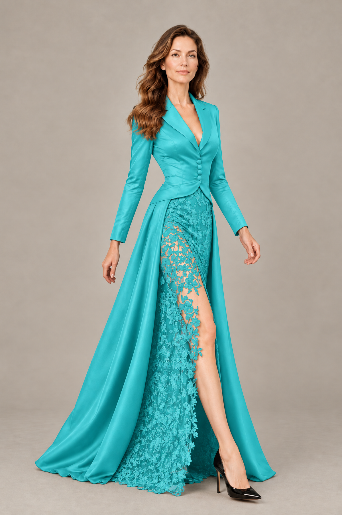 BOLODOO Turquoise Long Sleeve Lace Blazer Gown with High Slit - Turquoise - Turquoise (4)