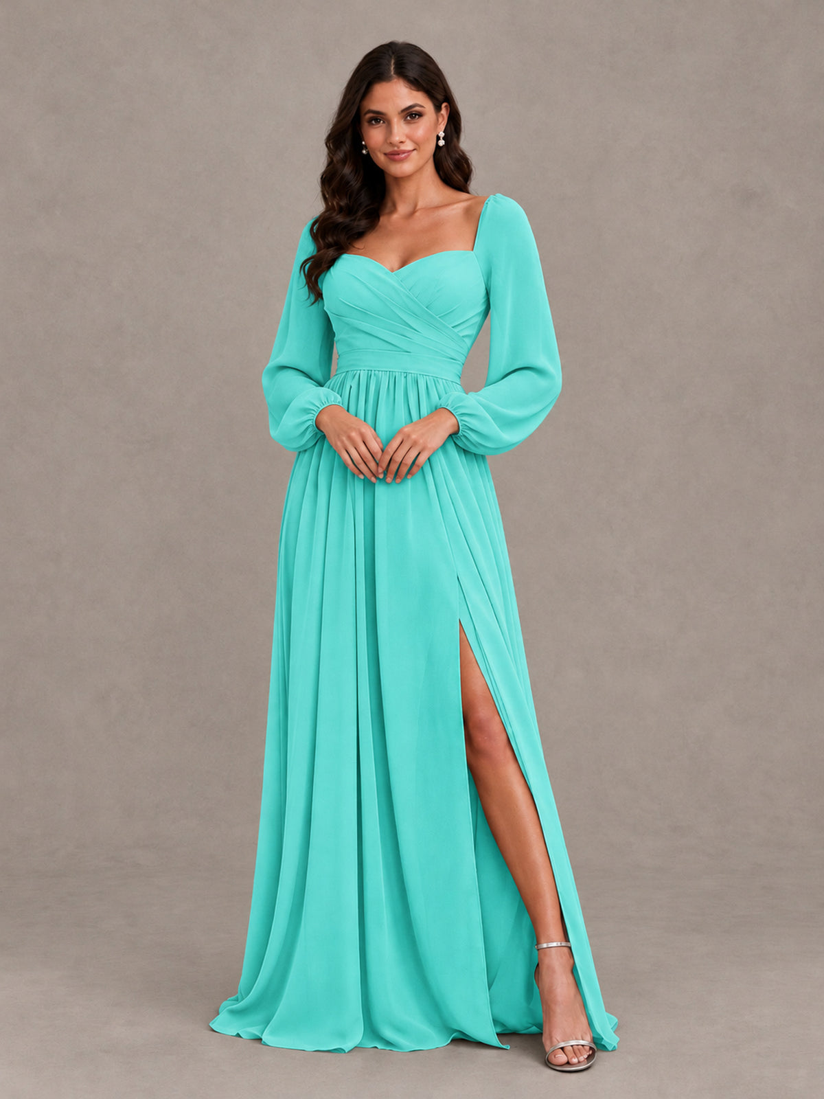 BOLODOO Turquoise Long Sleeve Chiffon Bridesmaid Dress with Slit - Turquoise - Turquoise (4)