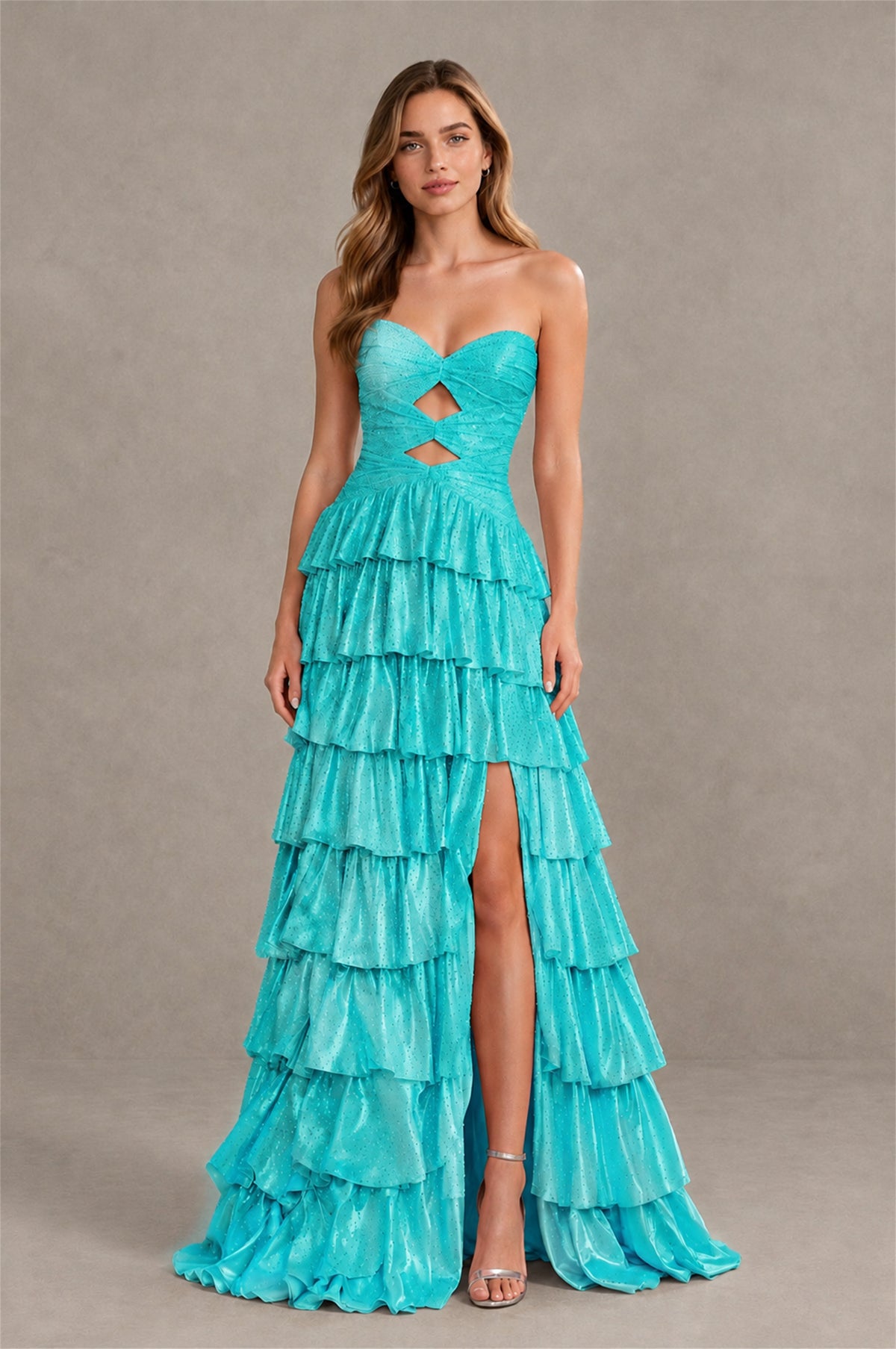 BOLODOO Turquoise Strapless Cutout Tiered Ruffle Prom Dress with High Slit - Turquoise - Turquoise (4)
