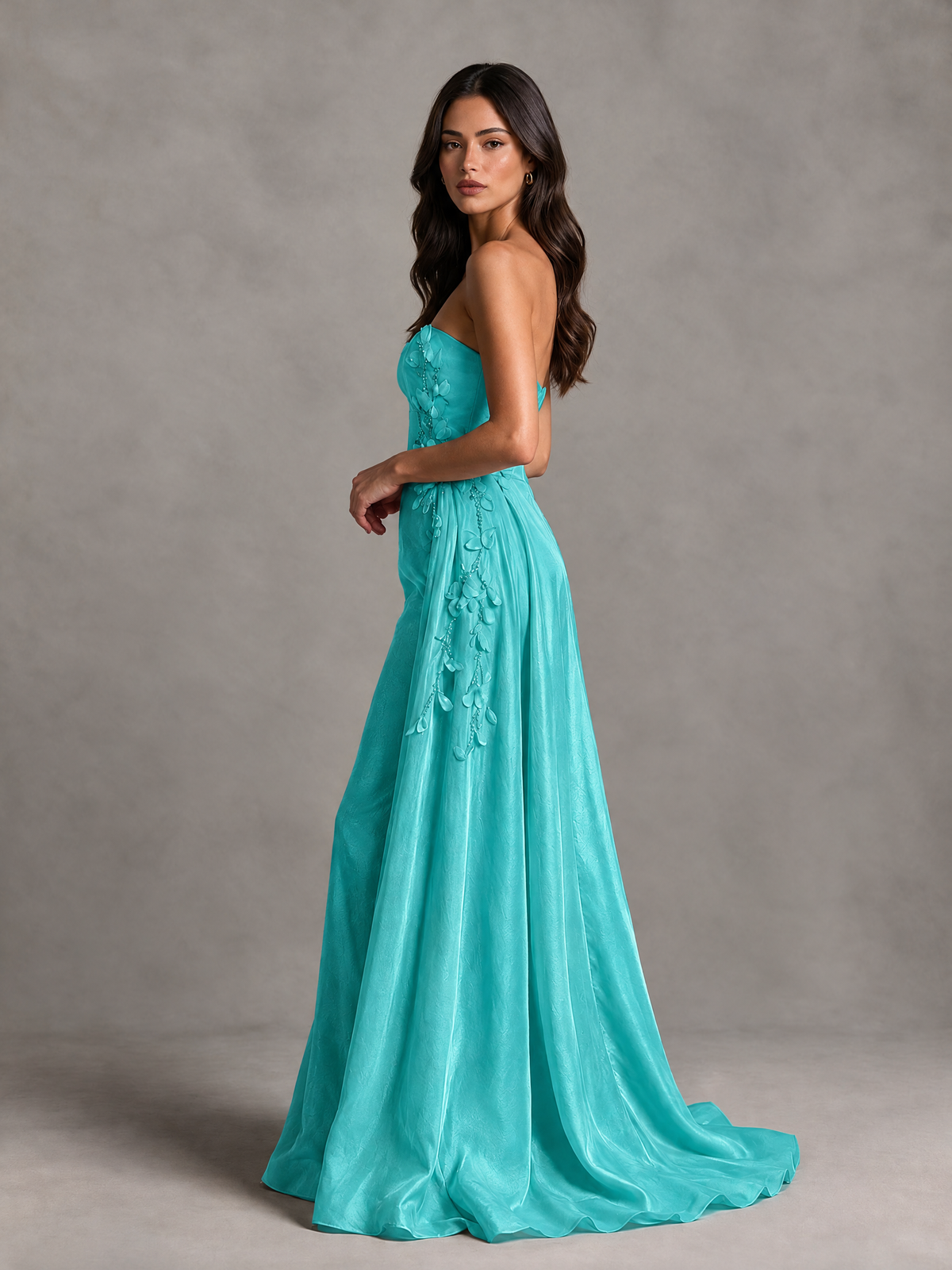 BOLODOO Turquoise Strapless Floral Applique Prom Dress with Overskirt - Turquoise - Turquoise (4)