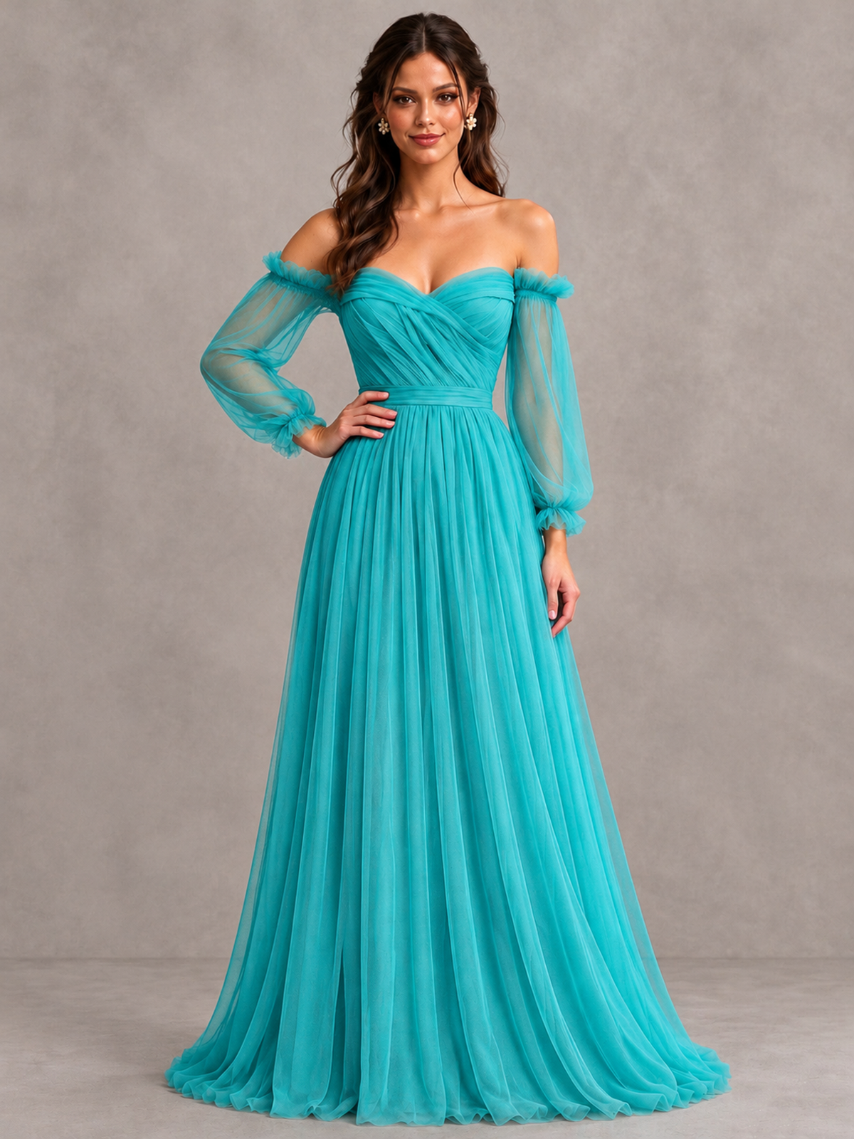 BOLODOO Turquoise Off-the-Shoulder Long Sleeve A-Line Bridesmaid Dress - Turquoise - Turquoise (4)