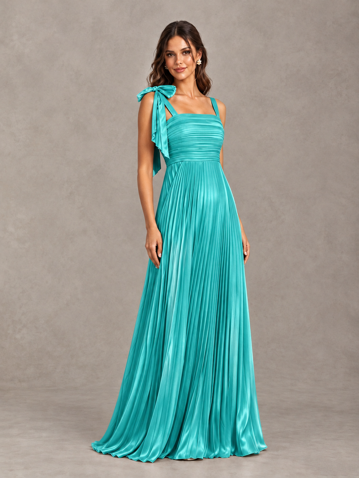 BOLODOO Turquoise Pleated Bow-Strap Bridesmaid Maxi Dress - Turquoise - Turquoise (4)