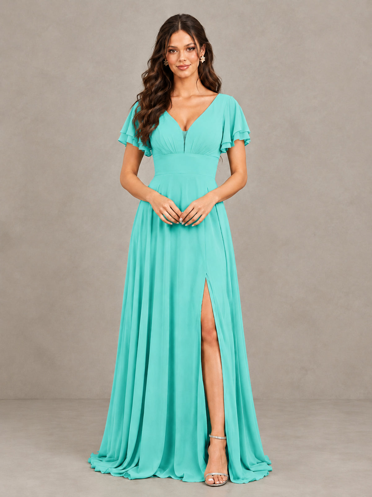 BOLODOO Turquoise Flutter Sleeve Chiffon A-Line Maxi Bridesmaid Dress with Open Back & Slit - Turquoise - Turquoise (4)