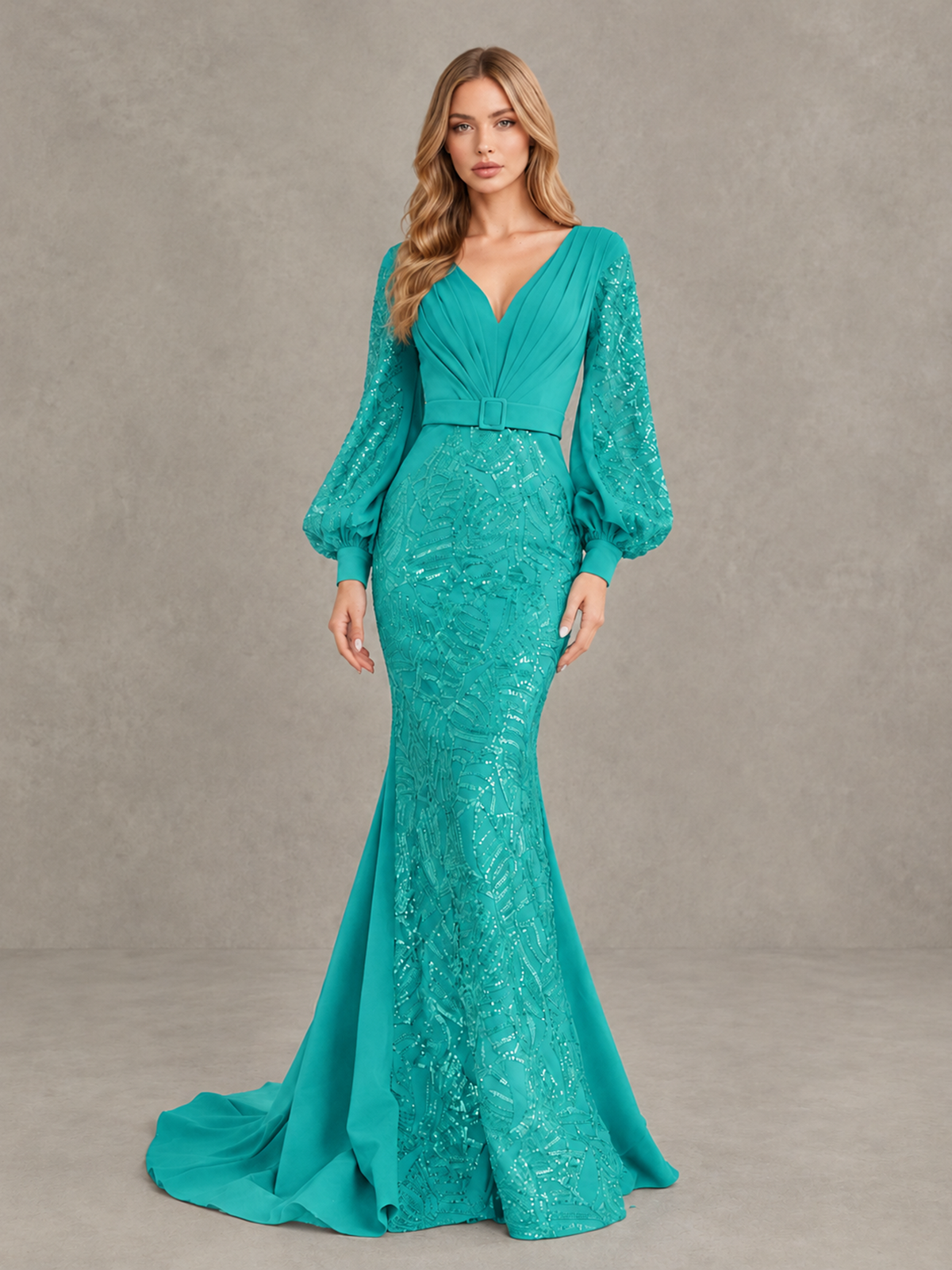 BOLODOO Turquoise Sequin Long Bishop Sleeve Mermaid Evening Dress - Turquoise - Turquoise (4)