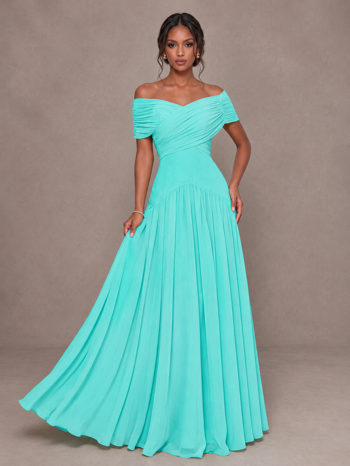 BOLODOO Turquoise Off-Shoulder Ruched A-Line Bridesmaid Dress - Turquoise - Turquoise (4)