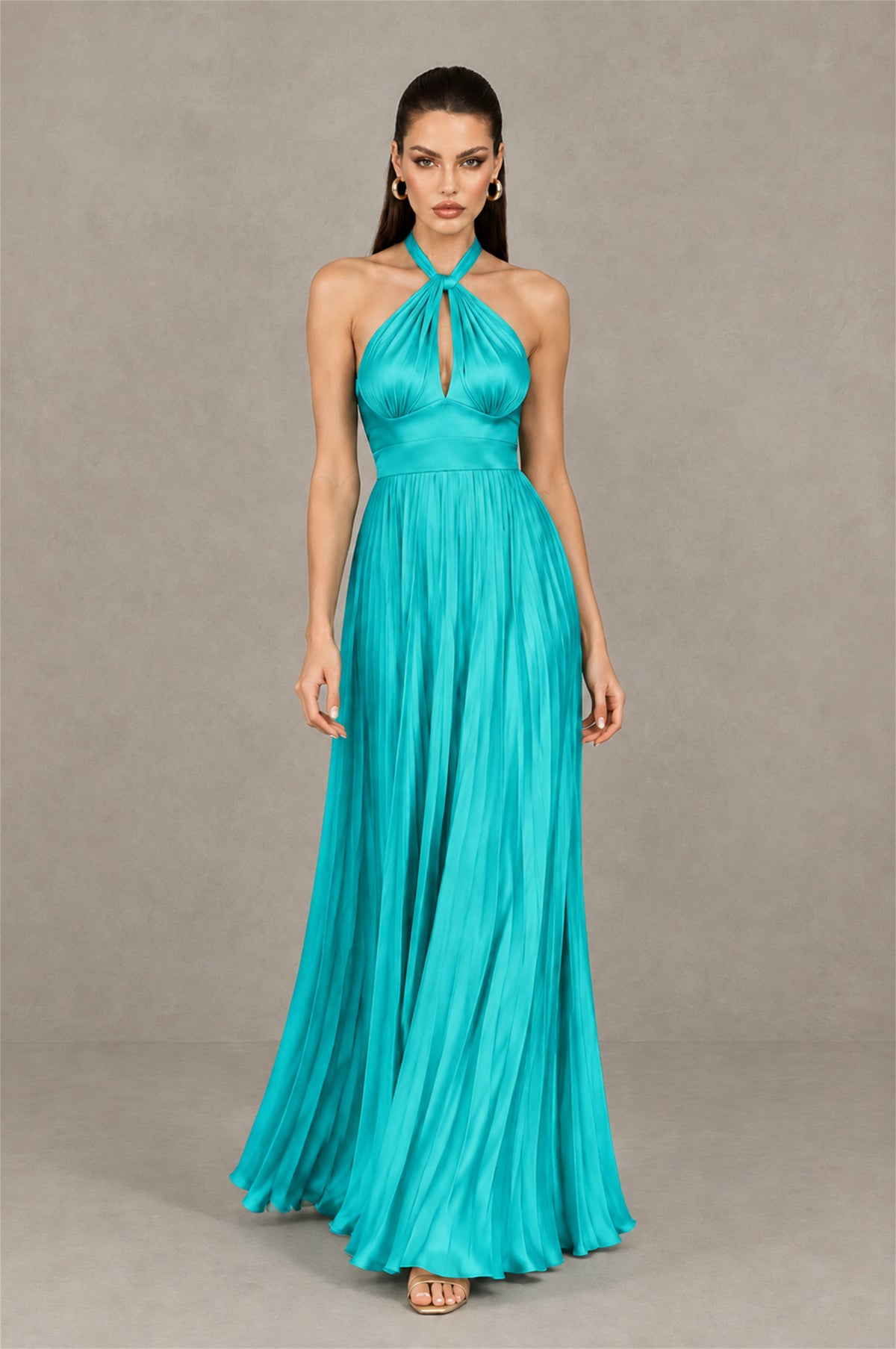 BOLODOO Turquoise Halter Pleated A-Line Evening Dress - Turquoise - Turquoise (4)