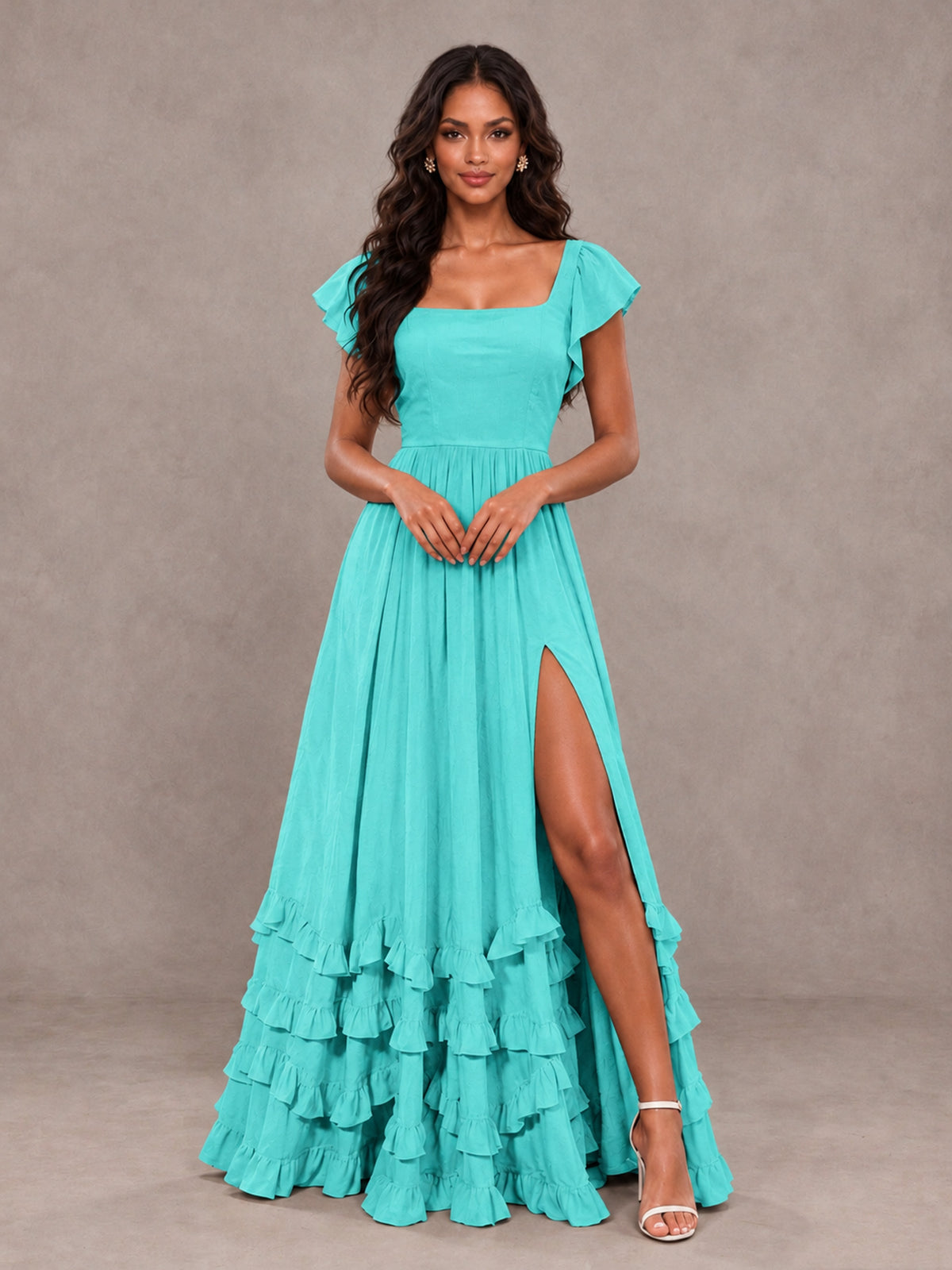 BOLODOO Turquoise Flutter Sleeve Ruffle Bridesmaid Dress with Slit - Turquoise - Turquoise (4)