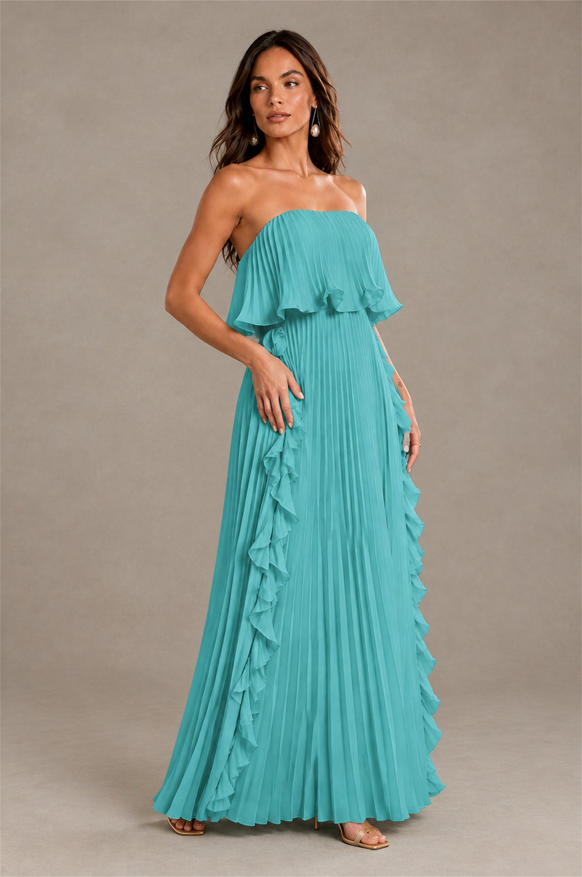 BOLODOO Turquoise Strapless Ruffle Bodice Dual Cascading Ruffle Accordion Pleated Chiffon Maxi Dress - Turquoise