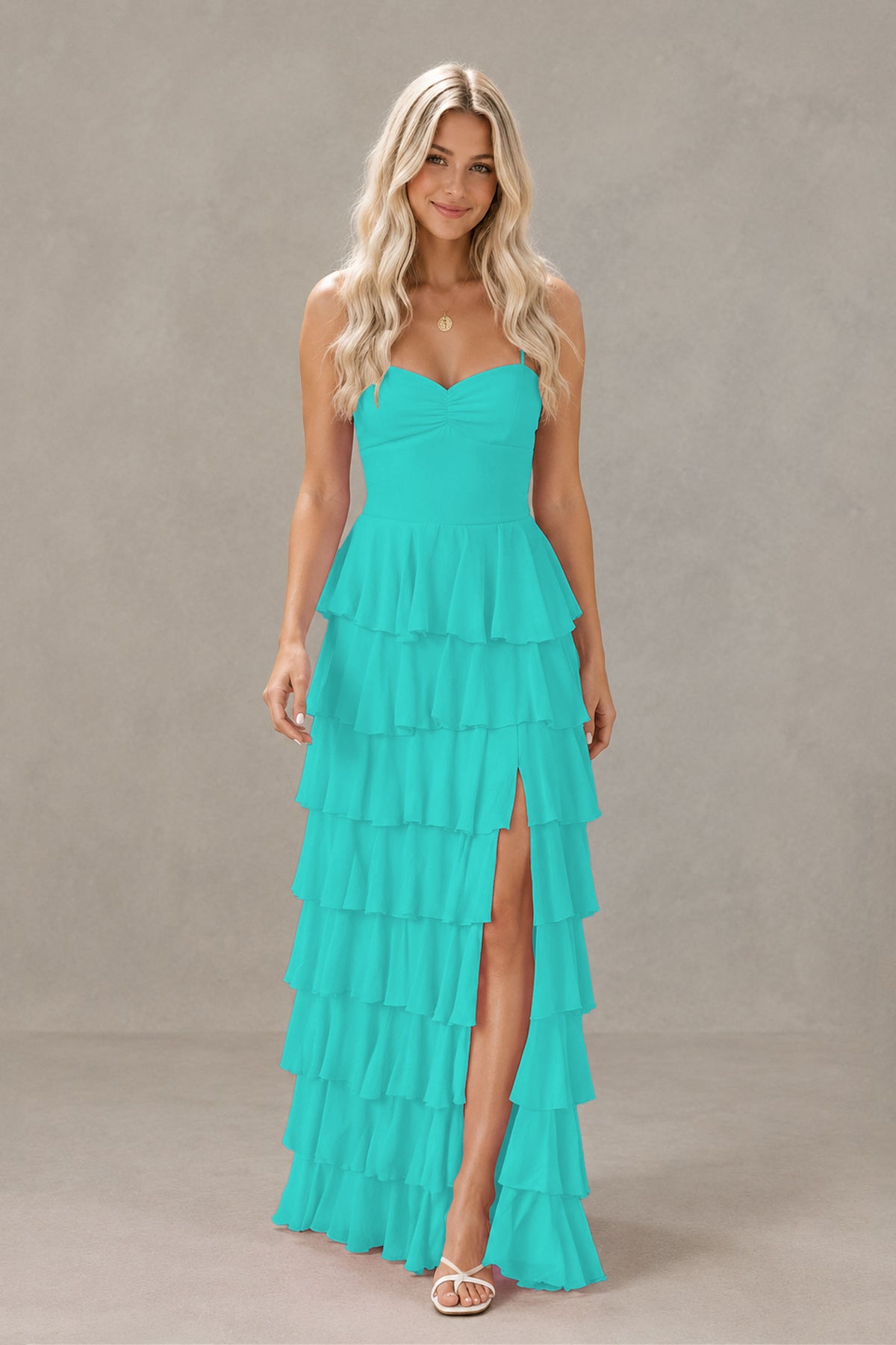 BOLODOO Turquoise Strapless Tiered Ruffle Maxi Dress with Slit & Lace-Up Back - Turquoise
