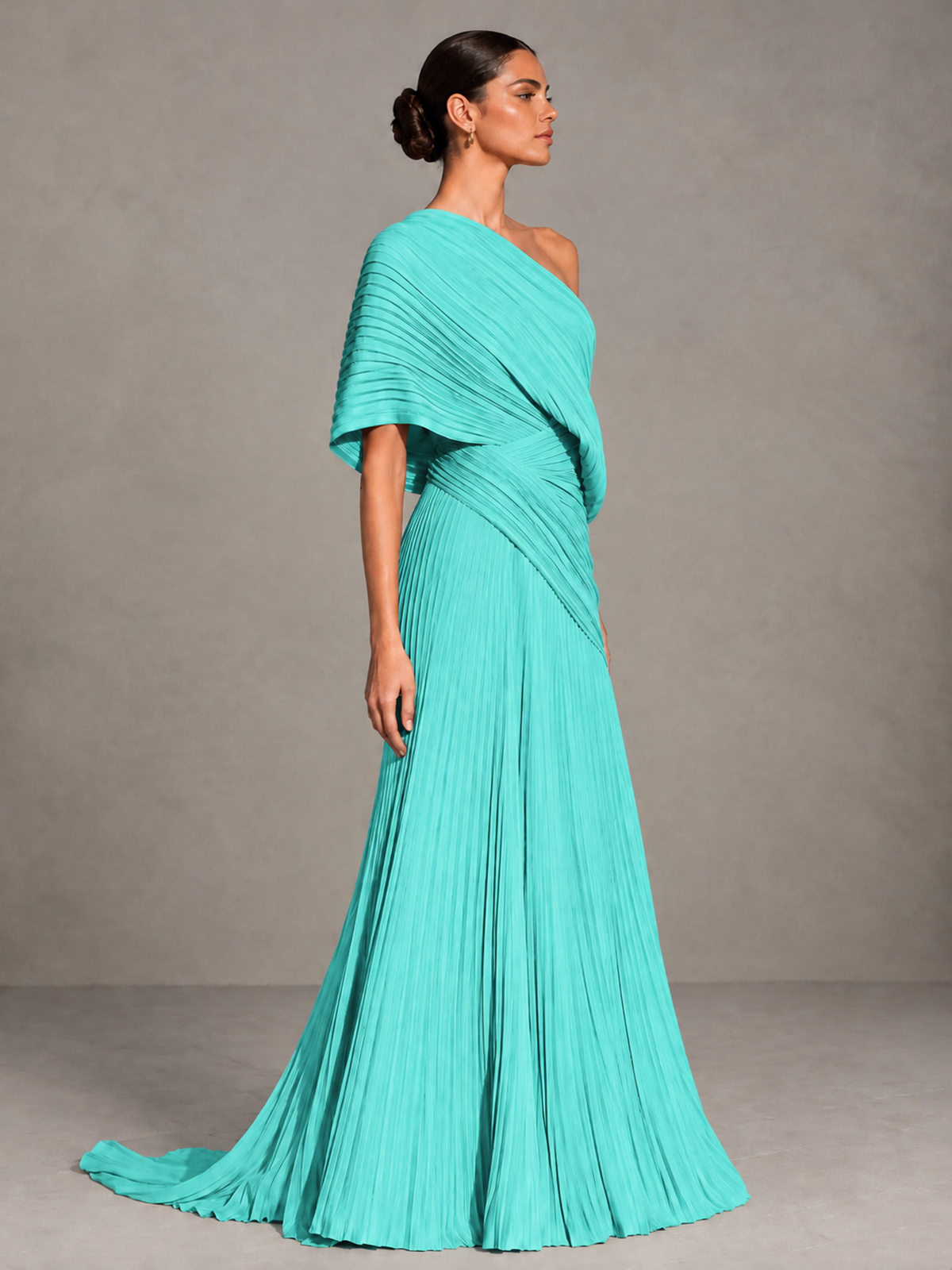 BOLODOO Turquoise One-Shoulder Pleated Cape Evening Gown with Train - Turquoise - Turquoise (4)