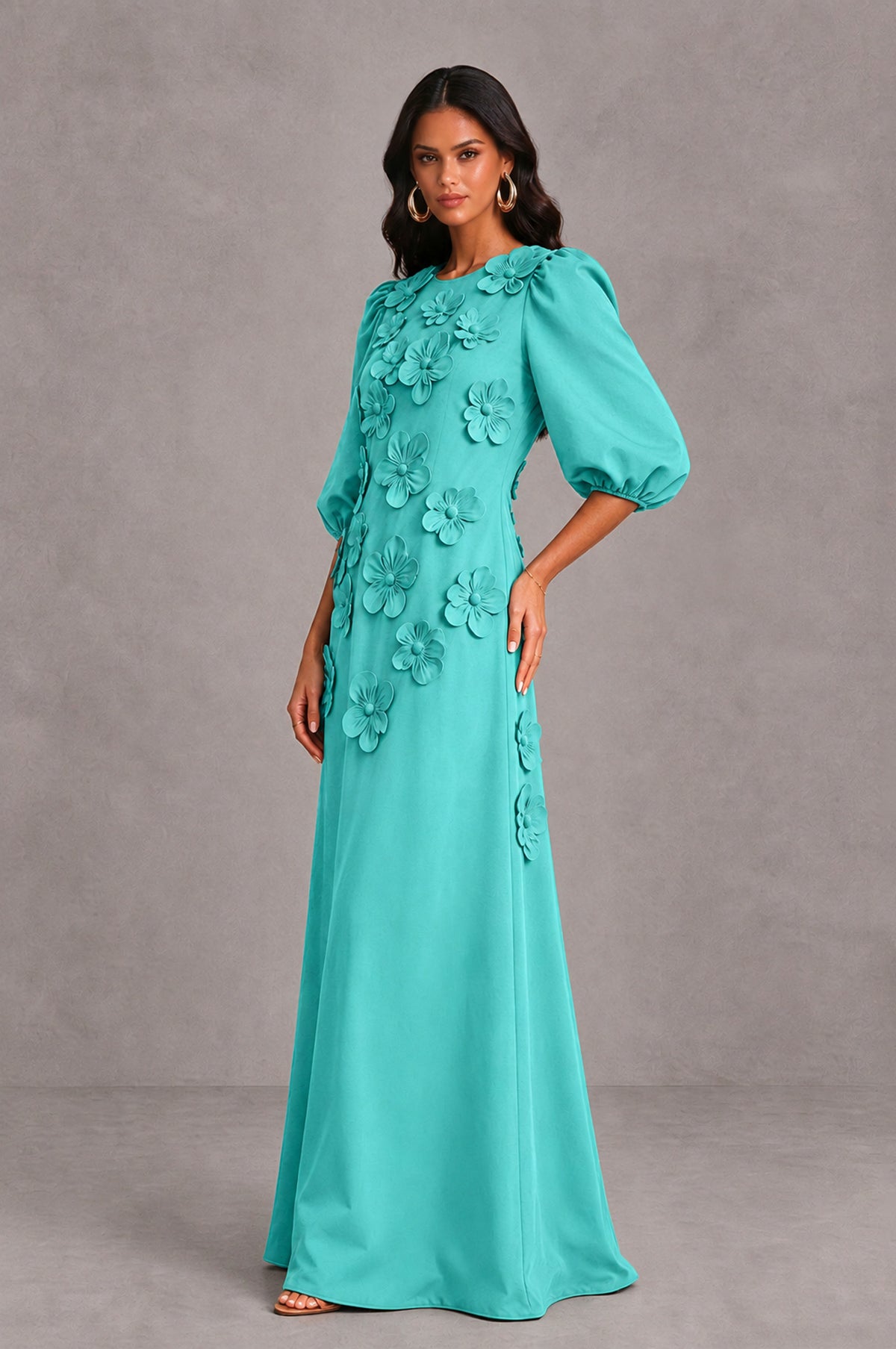 BOLODOO Turquoise Floral Applique Puff Sleeve A-Line Evening Dress - Turquoise - Turquoise (4)
