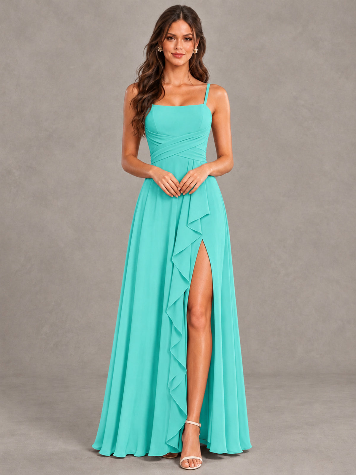 BOLODOO Turquoise Spaghetti Strap Ruffle Bridesmaid Dress with Slit - Turquoise - Turquoise (4)