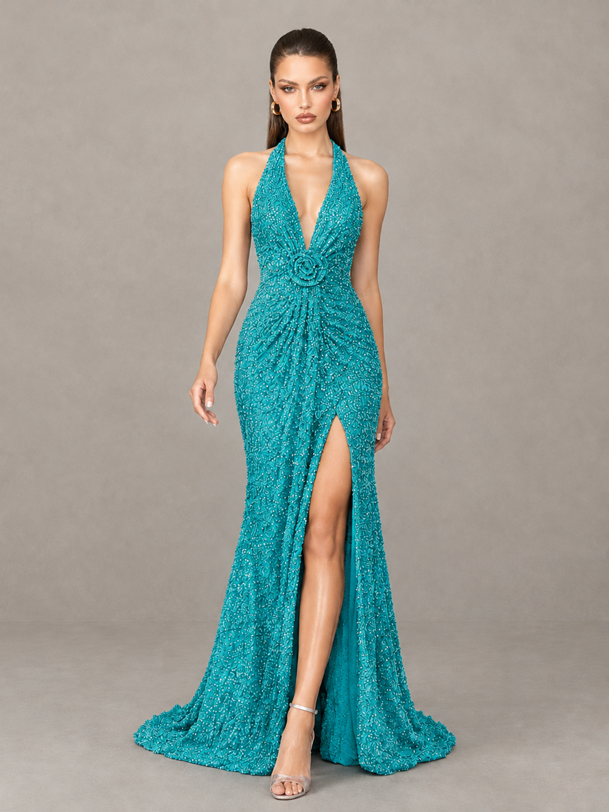 BOLODOO Turquoise Sequin Halter Open Back Evening Gown with High Slit - Turquoise - Turquoise (4)