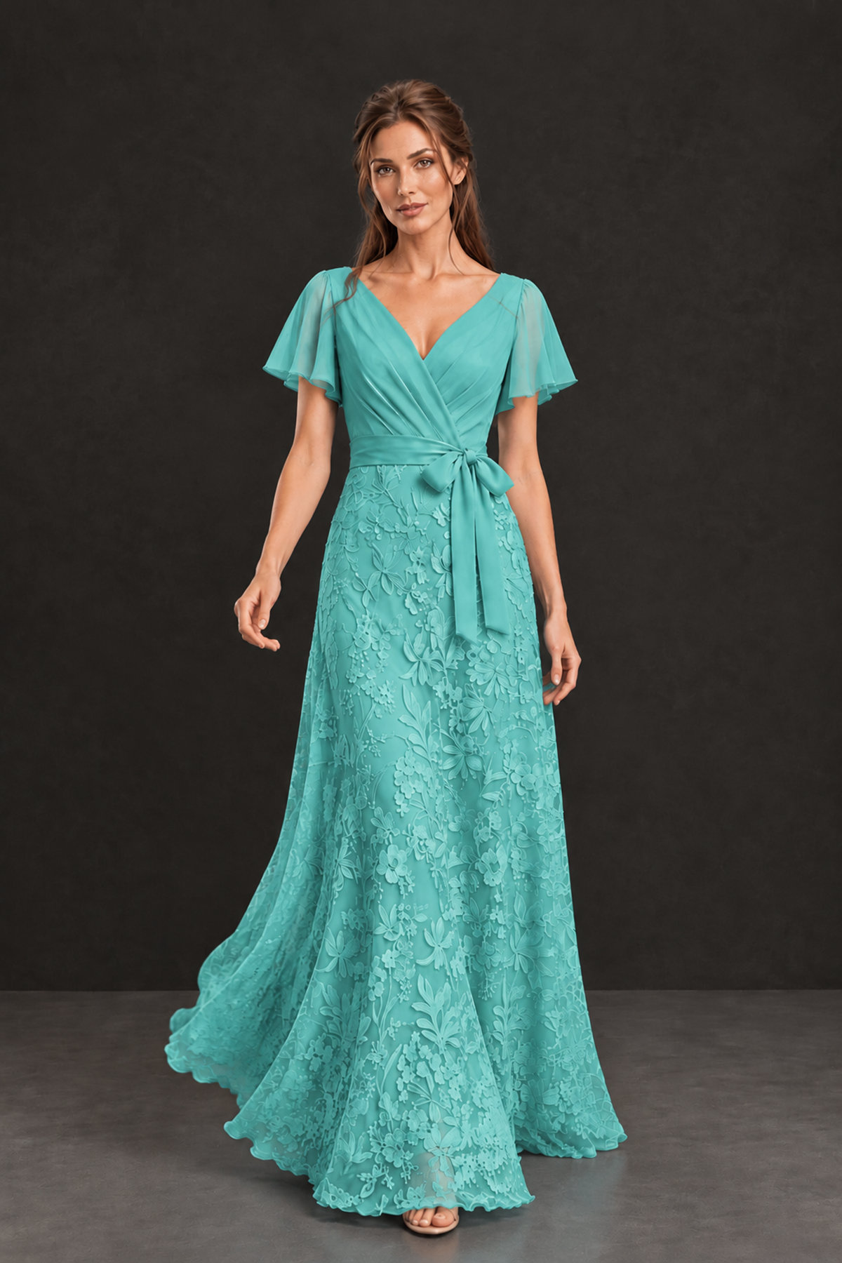 BOLODOO Turquoise Flutter Sleeve Lace Mother of the Bride Dress - Turquoise