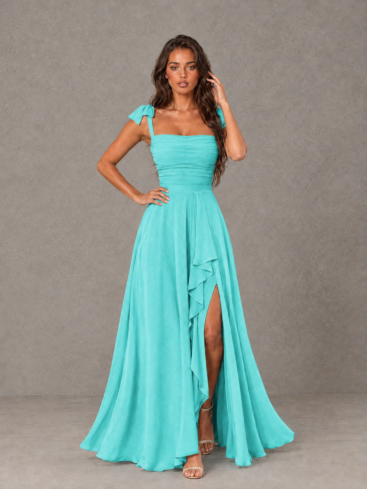 BOLODOO Turquoise Bow-Strap Bridesmaid Dress with Ruffle Slit - Turquoise - Turquoise (4)