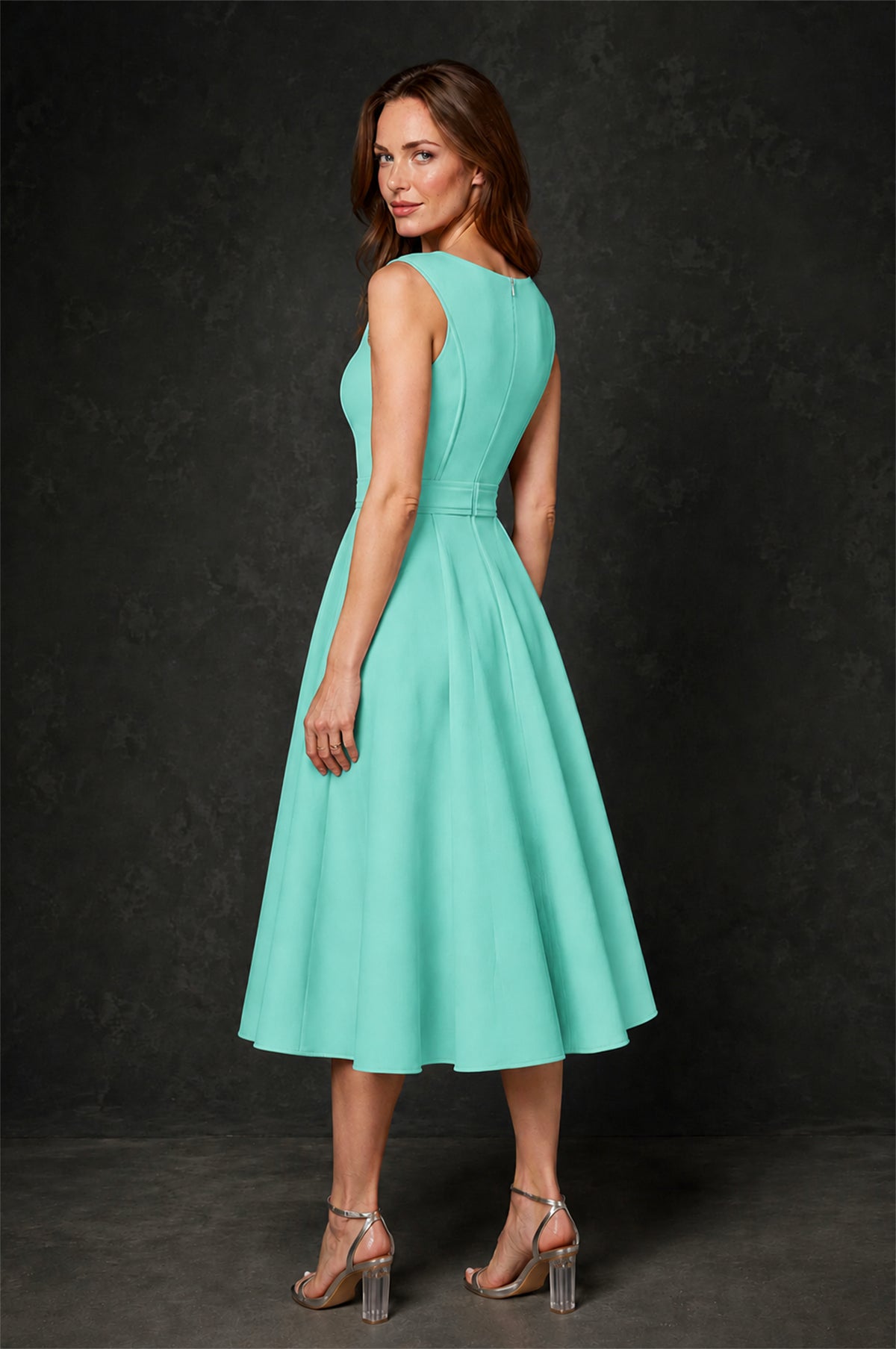 BOLODOO Turquoise 3D Rosette Appliqué 3/4 Sleeve Jacket & V-Notch Sleeveless A-Line Tea-Length Two-Piece Dress Set - Turquoise