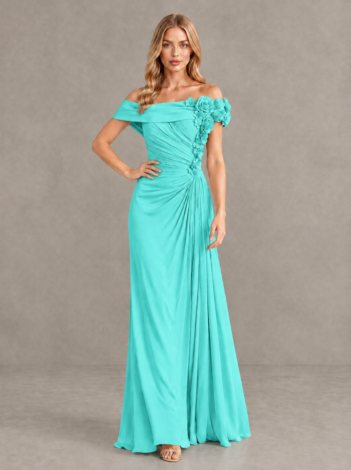 BOLODOO Turquoise Off-Shoulder Floral Applique Wedding Guest Maxi Dress - Turquoise - Turquoise (4)