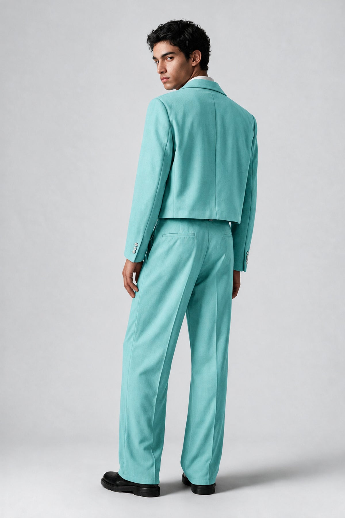Bolodoo Men's Turquoise Cropped Blazer & Wide-Leg Trousers 2-Piece Suit - Turquoise - Turquoise (5)
