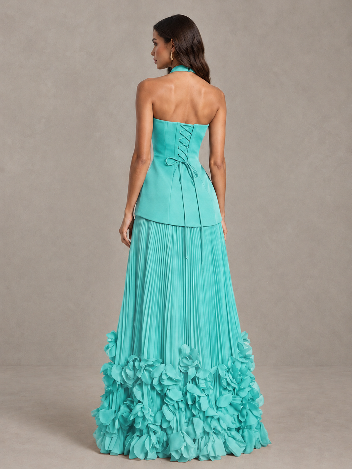 BOLODOO Turquoise 1 Halter Neck Floor-Length Evening Gown with High Slit & 3D Floral Hem - Turquoise 1 - Turquoise_1 (2)