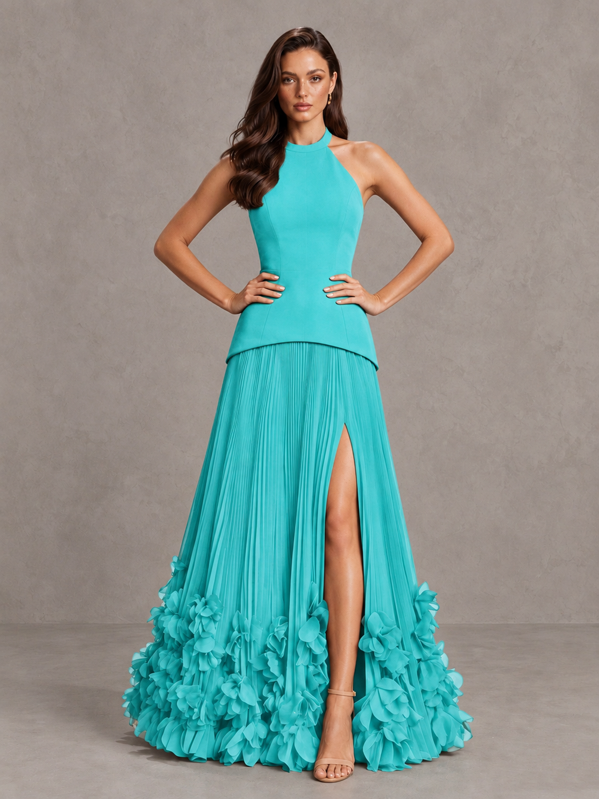 BOLODOO Turquoise 1 Halter Neck Floor-Length Evening Gown with High Slit & 3D Floral Hem - Turquoise 1 - Turquoise_1 (4)