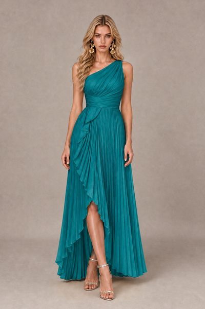 BOLODOO Turquoise One-Shoulder High-Low Ruffle Maxi Dress 