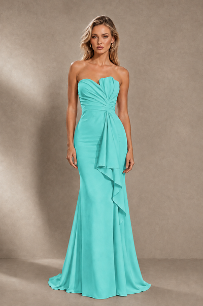 BOLODOO Turquoise Strapless Sweetheart Ruched Mermaid Gown | Cascade Drape Formal Evening Dress 